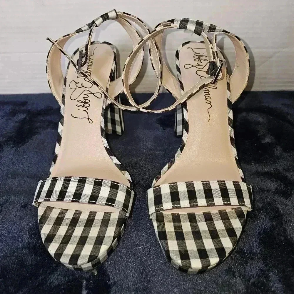 Libby Edelman Women's Strappy Gingham Block Check Heel Platform Sandals Sz 8
